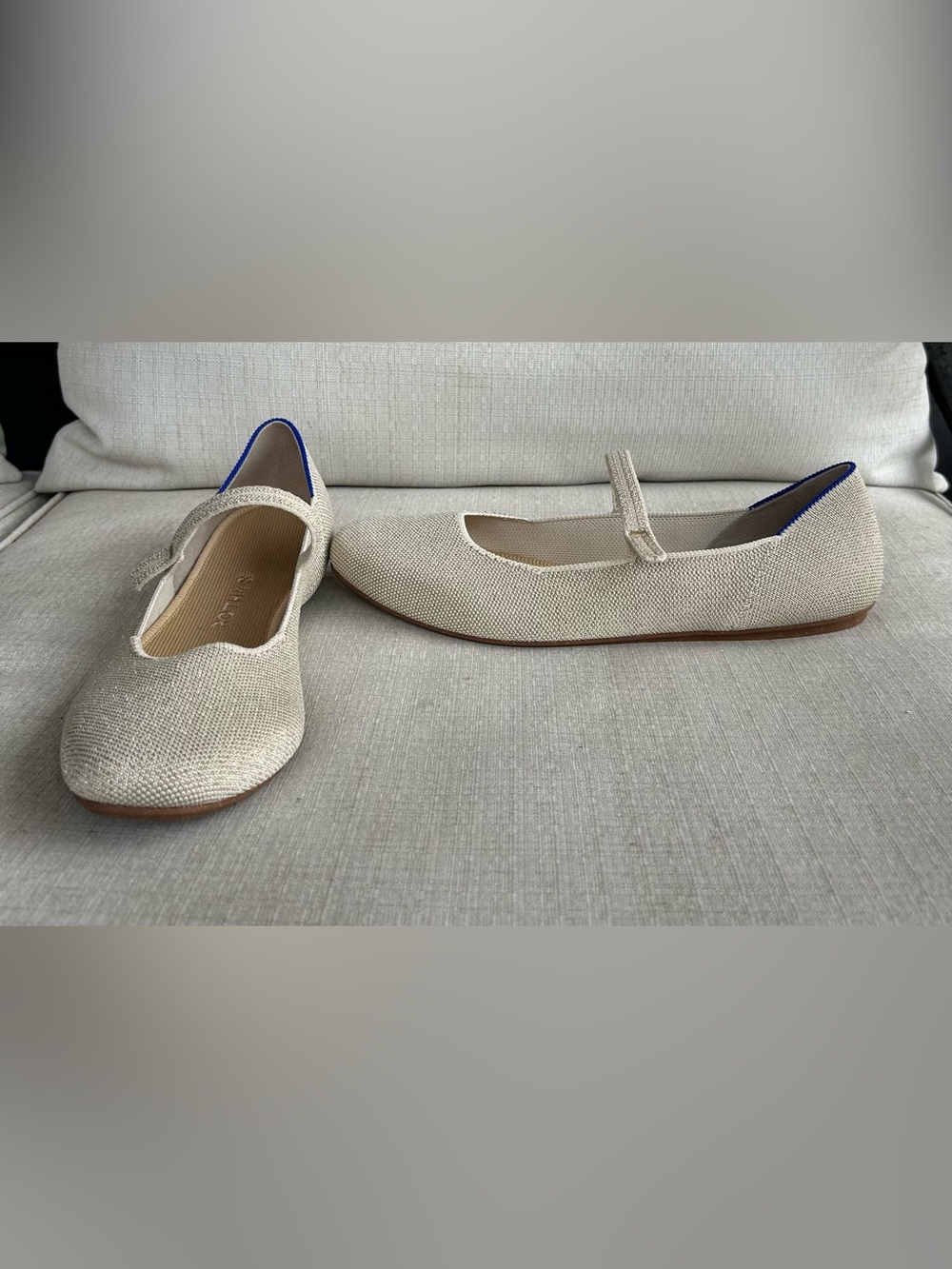 NWOB Rothy's Cream Metallic The Max Square Mary Jane Flats with Blue Trim - Picture 3 of 5